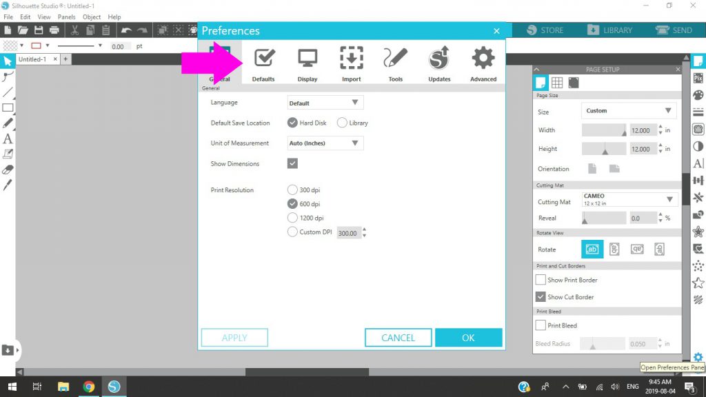 Silhouette Studio Preferences Panel Choosing Defaults Tab