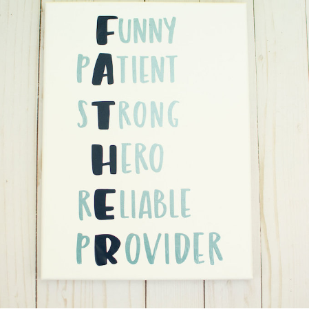 Diy Father’s Day Canvas - spells out father and says funny, patient, strong, hero, reliable, provider
