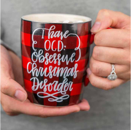 Buffalo Plaid Christmas Mug with vinyl transfer saying I have OCD  obsessive Christmas disorder