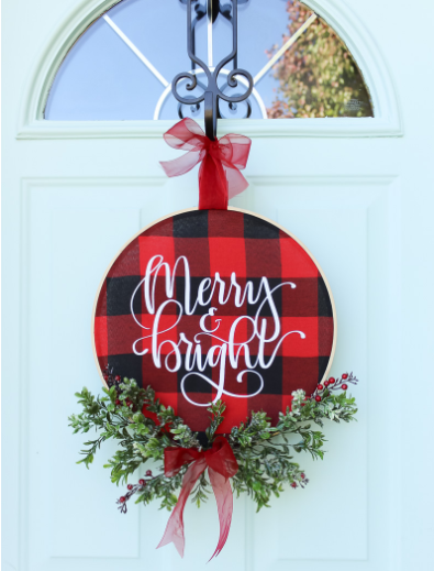 Diy Christmas Buffalo Plaid Hoop Wreath saying merry and bright
