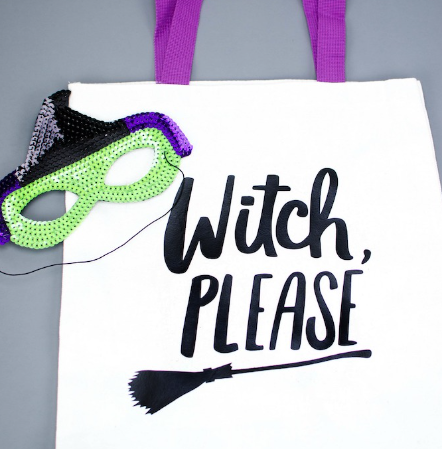 Halloween Iron On Tote Bag saying Witch please with a broom