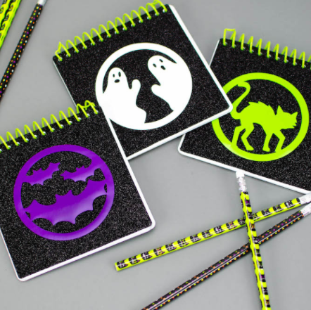 Halloween Notebooks - mini note pads with covers showing ghosts, bats, and a cat