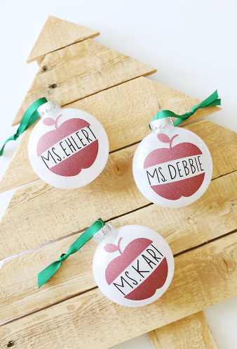 Diy Teacher Ornaments personalized with an apple shape and teacher's name