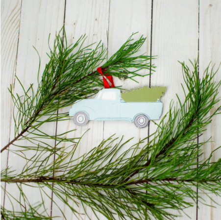 Print Then Cut Chipboard Christmas Ornament shaped like vintage truck with Christmas tree in back