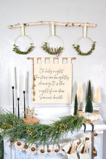 scandinavian christmas mantel hanging birch wood wreath decor