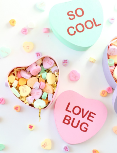 Painted Conversation Heart Boxes, text says So cool and Love bug