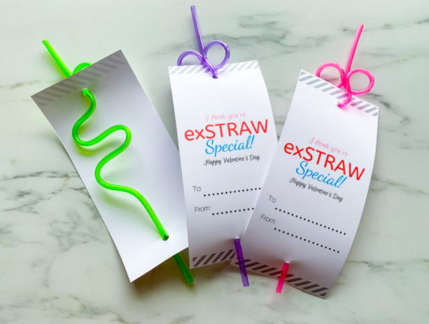 Print Then Cut Valentines Day Card Saying I Think You are exStraw Special attached to crazy straw