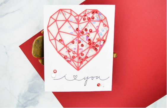 heart shaped shaker card with sequins inside, text says i heart shape you