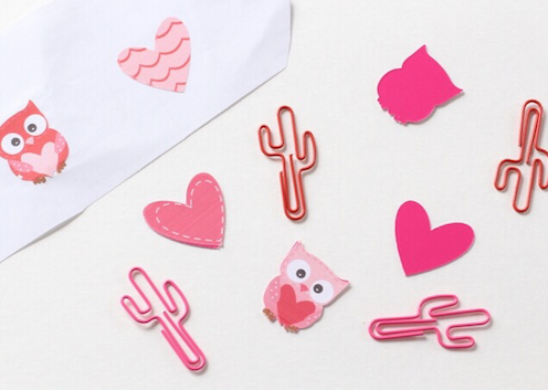 Valentine Planner Paper clips shaped like cacti with hearts and owls