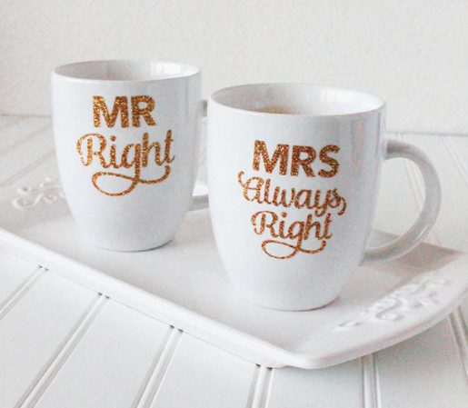 Custom Mugs with text saying Mr Right and the other one Mrs Always Right