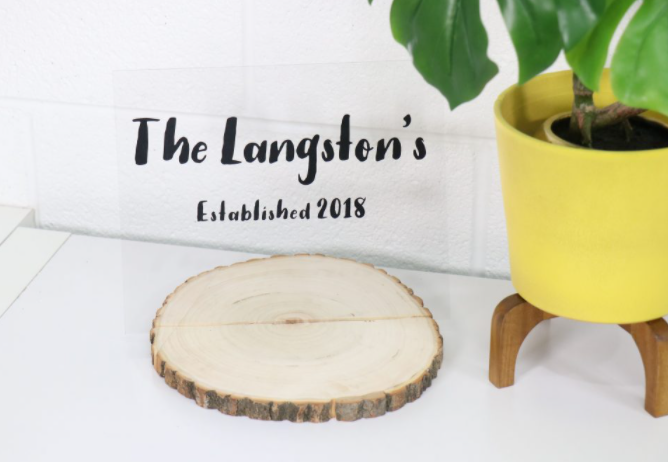 Personalized Cricut Wedding Shower Gift made from square Plexiglass with text The Langston's Established 2018