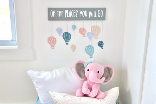 wall decor with hot air balloons and saying Oh the Places You Will Go