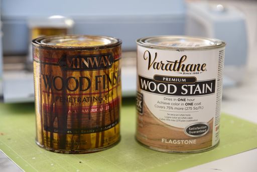 cans of Minwax Wood Finish and Varathane Wood Stain
