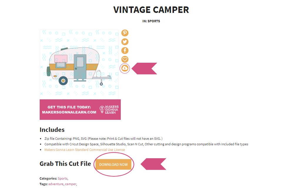 Vintage camper cut file with download buttons