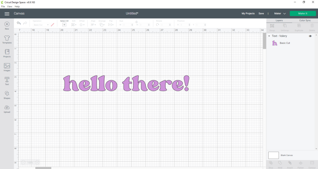 "hello there" typed into Cricut Design Space