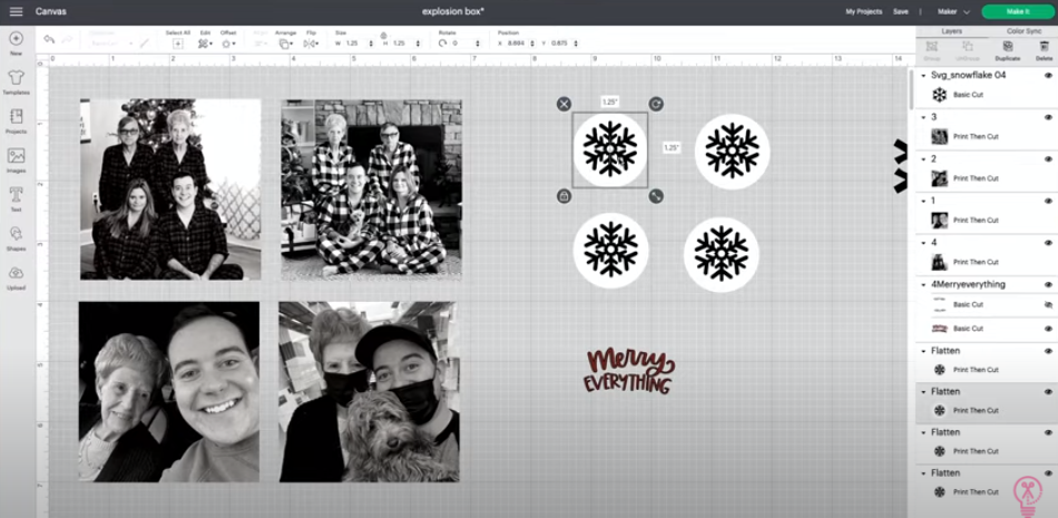 Design Space With Photos And Snowflake Cut Files In It